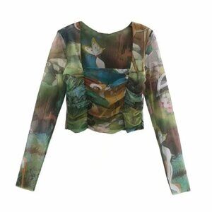 Zara x Disney Bambi Draped Tulle Sheer Mesh Long Sleeve Crop Top Small